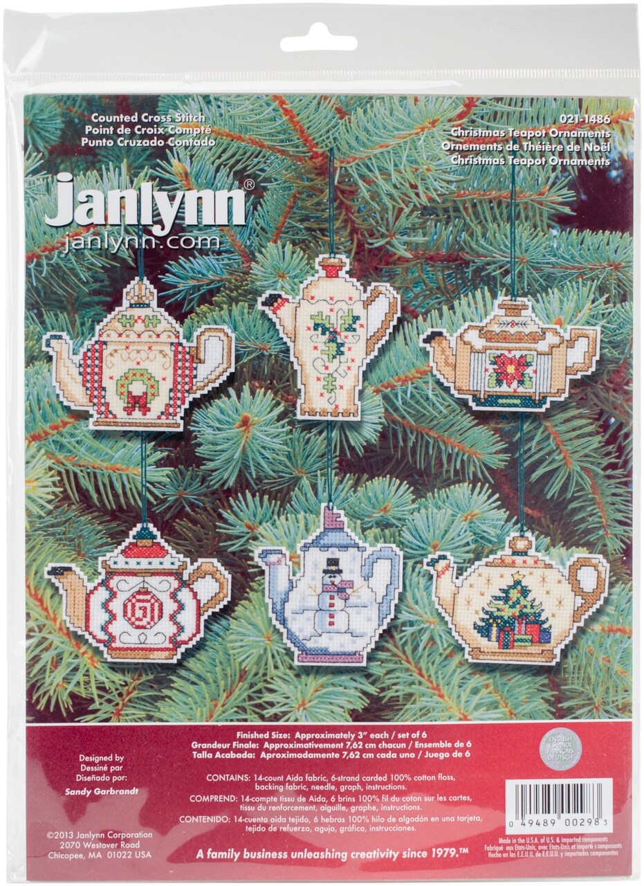 Janlynn Counted Cross Stitch Kit 3"X3" Set of 6-Christmas Teapot Ornaments